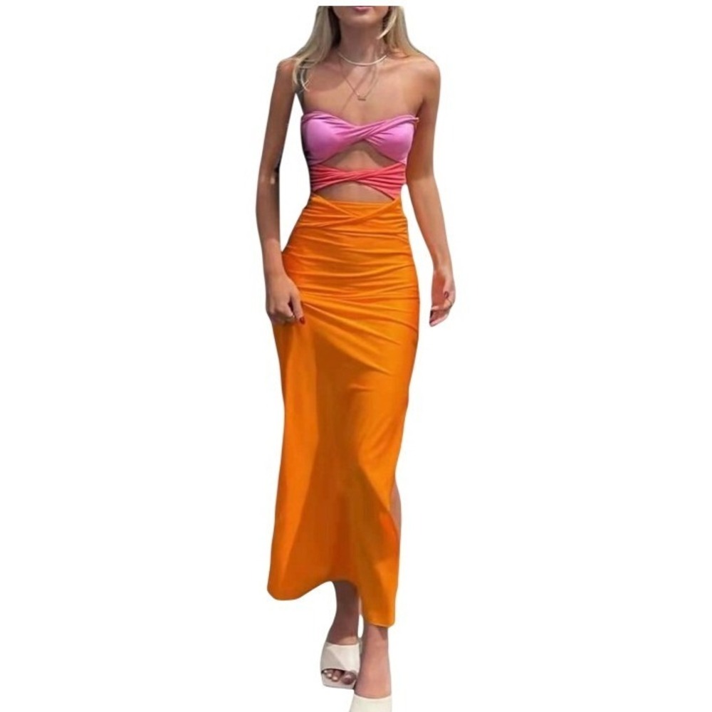 Womens Colorblock Strapless Cutout Maxi Dress Sz S Resort Vacation Tropical